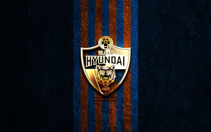 logotipo dorado de ulsan hyundai fc, 4k, fondo de piedra azul, liga k 1, club de fútbol de corea del sur, logotipo de ulsan hyundai, fútbol, emblema ulsan hyundai, ulsan hyundai fc, ulsan hyundai