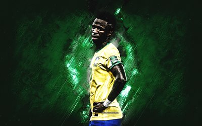 Vinicius Junior, Brazil national football team, portrait, green stone background, football, Brazil, Brazilian football player, striker