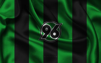 4k, hannover 96 logosu, yeşil siyah ipek kumaş, alman futbol takımı, hannover 96 amblemi, 2 bundesliga, hannover 96, almanya, futbol, hannover 96 bayrağı
