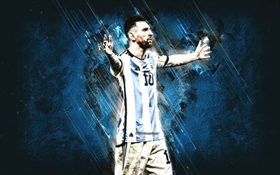 Lionel Messi, World Champion 2022, Argentina national football team, blue stone background, best football player in the world, Leo Messi, Argentina, soccer
