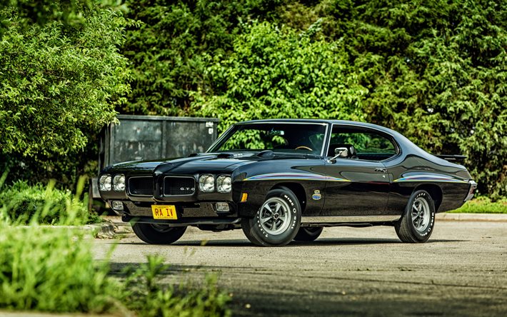 retro cars, 1970, Pontiac GTO, parque, HDR, coches del Músculo, negro Pontiac