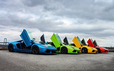 supercars, Lamborghini Aventador, blue, red, orange, green, lambo doors