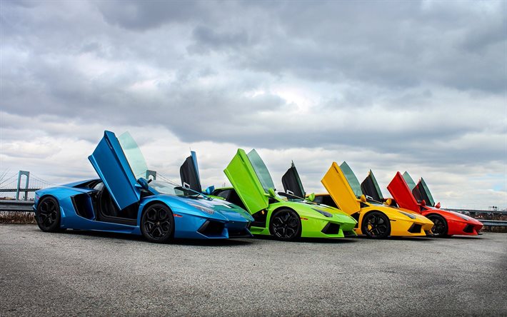 supercar Lamborghini Aventador, blu, rosso, arancione, verde, lambo doors