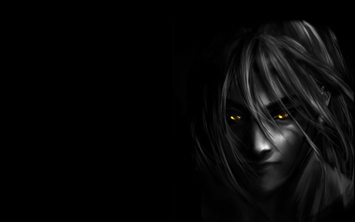 escuridão, rosto feminino, arte, olhos amarelos, fundo preto