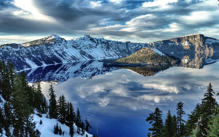 크레이터 호수 국립공원, 겨울, america, 산, 반사, 미국