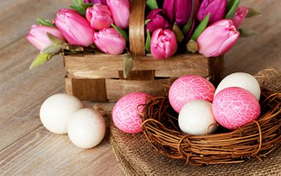 Primavera, Pascua, huevos de Pascua de color Rosa tulipanes, las decoraciones de Pascua