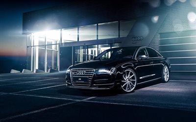 Audi A8, luxury cars, sedans, night, headlights, black a8, Audi