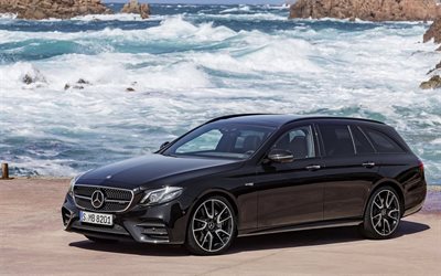 sahil, arabalar, 2017, Mercedes-AMG E43 Emlak, E-sınıf, siyah mercedes