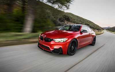 supercars, el BMW M4, F82, la carretera, el movimiento, el bmw de color rojo