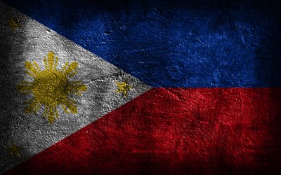 4k, filipinler bayrağı, taş doku, taş arka plan, grunge sanat, filipinler ulusal sembolleri, filipinler