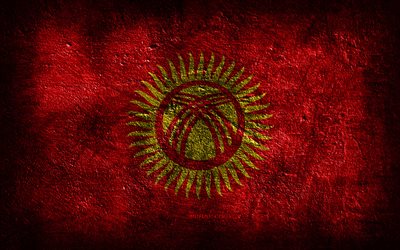 4k, bandiera del kirghizistan, struttura di pietra, sfondo di pietra, arte grunge, simboli nazionali del kirghizistan, kirghizistan