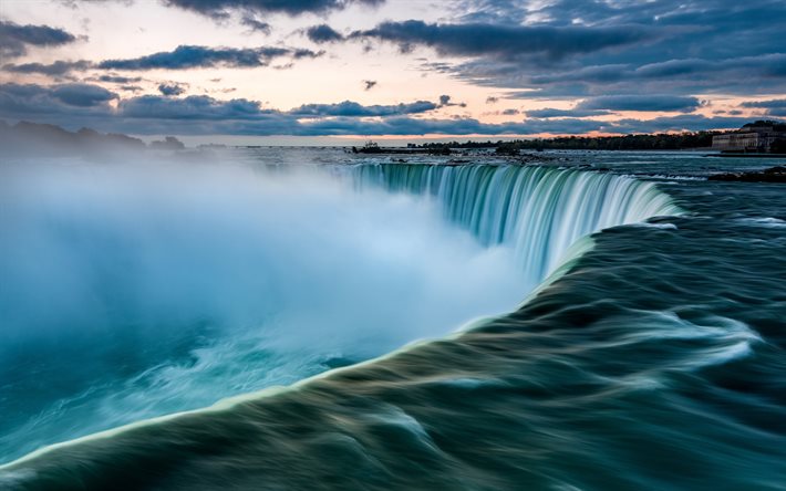 Niagara Falls, 4K, sunset, waterfalls, Niagara River, Ontario, Canada, Niagara Falls State Park, beautiful nature