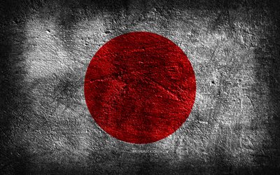 4k, علم اليابان, نسيج الحجر, الحجر الخلفية, العلم الياباني, فن الجرونج, الرموز الوطنية اليابانية, اليابان