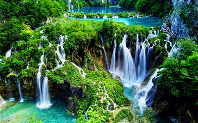 प्लिटविस लेक्स नेशनल पार्क, झरने, क्रोएशियाई स्थलचिह्न, गर्मी, क्रोएशिया, सुंदर प्रकृति, यूरोप, एचडीआर, पहाड़ी कार्स्ट क्षेत्र, प्लिटविस लेक