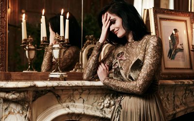 eva green, photoshoot, belle robe marron, actrice française, star hollywoodienne, bougies, cheminée, belle femme