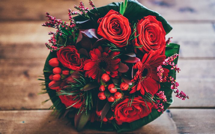 4k, kırmızı gül buketi, güzel çiçekler, güllü arka plan, güzel buket çiçek, gül buketi, kırmızı güller, makro, güller