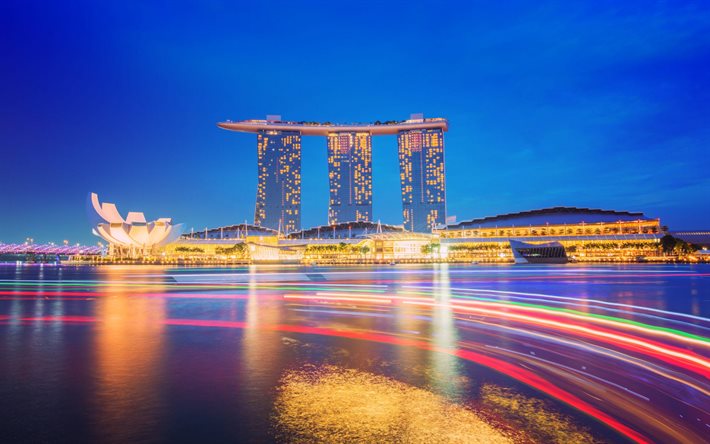 singapour, marina bay, soirée, coucher de soleil, métropole, marina bay sands, paysage urbain de singapour, hôtel, skyline de singapour, asie