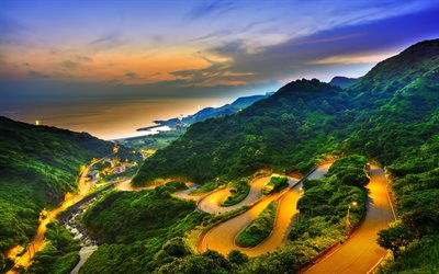 taiwan, estrada de montanha, serpentinas, pôr do sol, montanhas, natureza taiwanesa, ásia, bela natureza