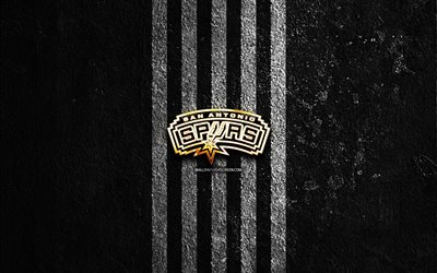 San Antonio Spurs golden logo, 4k, black stone background, NBA, american basketball team, San Antonio Spurs logo, basketball, San Antonio Spurs