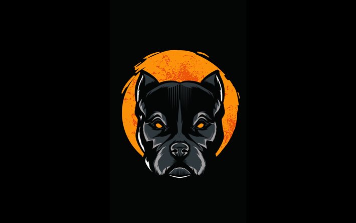 chien noir, 4k, minimal, fond noir, animaux de compagnie, chiens, créatif, chien minimalisme