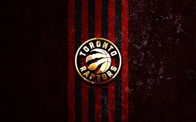 Toronto Raptors golden logo, 4k, red stone background, NBA, american basketball team, Toronto Raptors logo, basketball, Toronto Raptors