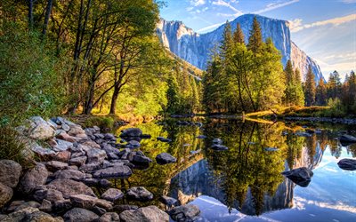 yosemiten kansallispuisto, 4k, joki, kesä, vuoret, kalifornia, amerikka, usa, kaunis luonto, metsä, amerikkalaiset maamerkit