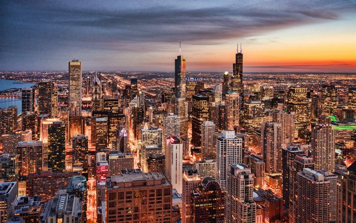 chicago, sera, tramonto, grattacieli, willis tower, paesaggio urbano di chicago, trump international hotel, panorama di chicago, skyline di chicago, illinois, usa