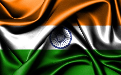 intian lippu, 4k, aasian maat, kangasliput, intian päivä, aaltoilevat silkkiliput, aasia, intian kansalliset symbolit, intia