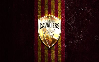 cleveland cavaliers logotipo dourado, 4k, pedra roxa de fundo, nba, time de basquete americano, cleveland cavaliers logo, cavs, basquete, cleveland cavaliers, cavs logo