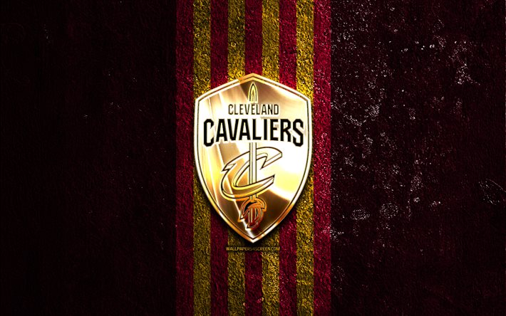 Cleveland Cavaliers golden logo, 4k, purple stone background, NBA, american basketball team, Cleveland Cavaliers logo, CAVS, basketball, Cleveland Cavaliers, CAVS logo