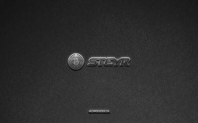 logo steyr, sfondo in pietra grigia, emblema steyr, loghi auto, steyr, marchi automobilistici, logo in metallo steyr, struttura in pietra