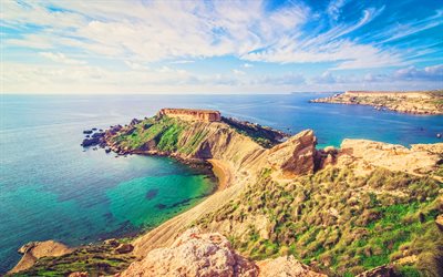 malte, 4k, l été, la mer, la belle nature, la côte, les falaises, l europe, la nature maltaise