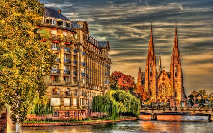 estrasburgo, 4k, hdr, noite, pôr do sol, catedral de estrasburgo, catedral de nossa senhora de estrasburgo, rio, estrasburgo paisagem urbana, grande est, frança