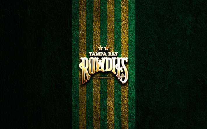 شعار نادي تامبا باي الذهبي, 4k, الحجر الأخضر، الخلفية, usl, نادي كرة القدم الأمريكي, شعار نادي تامبا باي لكرة القدم, كرة القدم, تامبا باي إف سي