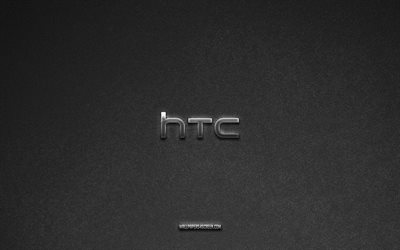 logo htc, sfondo in pietra grigia, emblema htc, loghi tecnologici, htc, marchi di produttori, logo in metallo htc, struttura in pietra