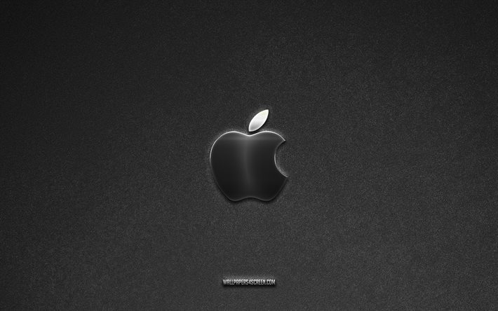 apple-logo, harmaa kivitausta, apple-tunnus, teknologialogot, apple, valmistajien merkit, applen metallilogo, kivirakenne