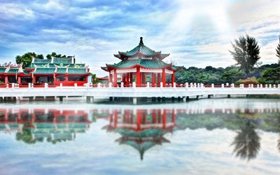 templo, lago, China, Asia
