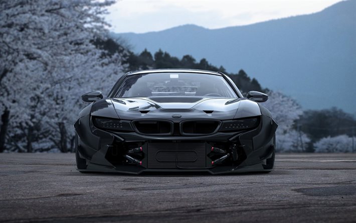 BMW i8, tuning, front view, supercars, black i8