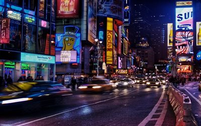 táxi, rua, nova york, noite, eua