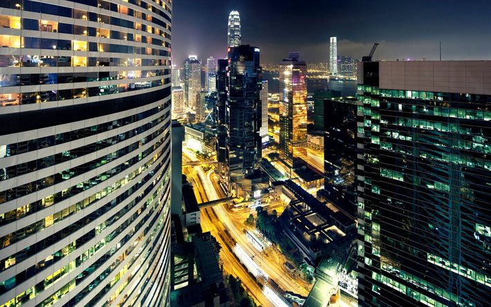 香港, 高層ビル群, 夜