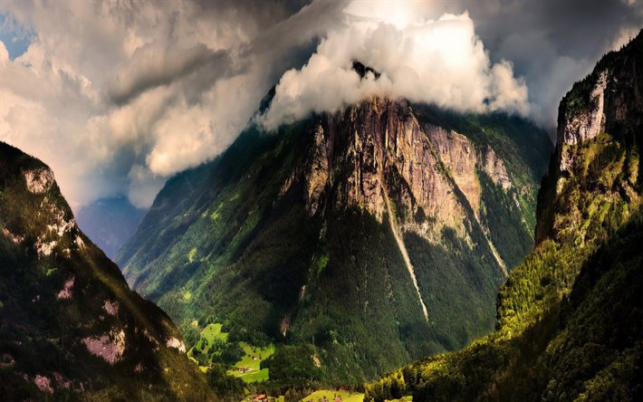 山々, ロック, 雲, 峡谷, スイス