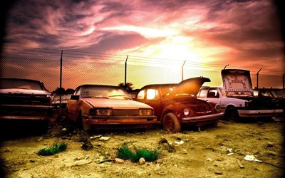 sunset, dump, cars