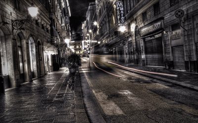 street, lights, the city, night, old houses