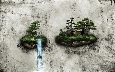trees, forest, waterfall, bonsai, creative, islands