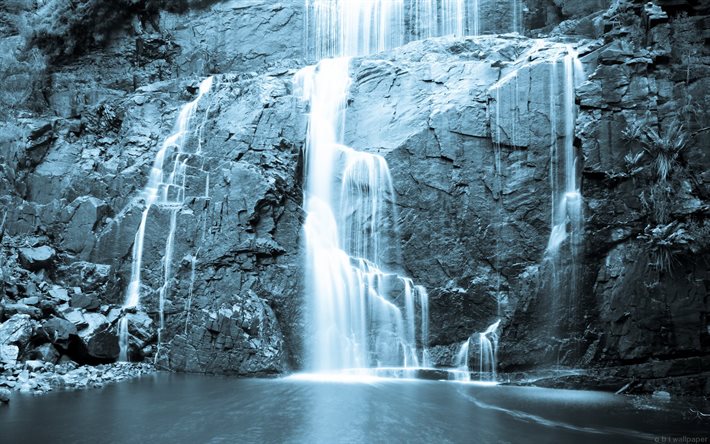 rock, waterfall, black & white photo