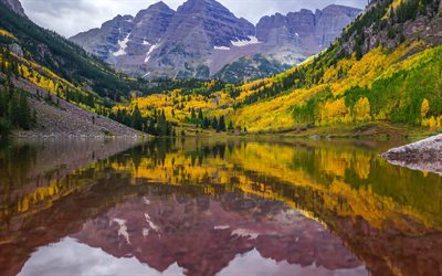 산, 호, 적갈색 벨, 여름, 콜로라도, 반사, 미국, 적갈색 호수