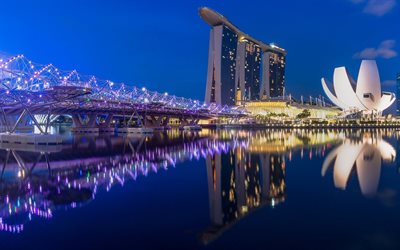 マリーナベイ, の, 夜, 高層ビル群, この橋, シンガポール