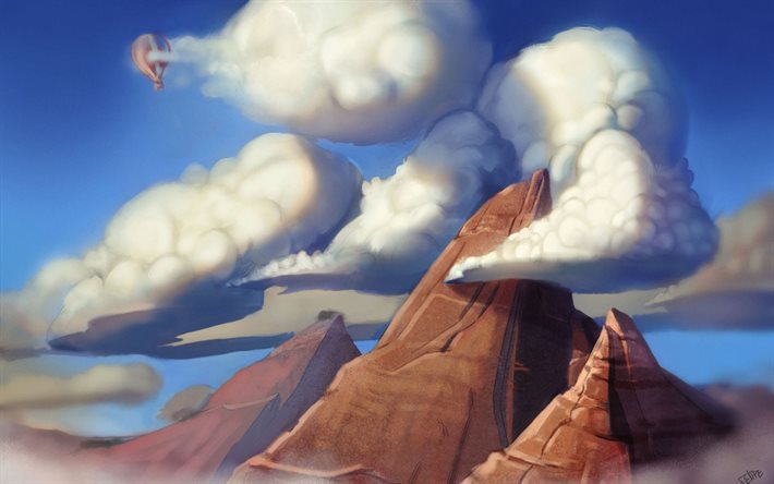 art, clouds, mountains, balloon