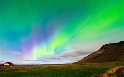 el cielo, las luces del norte, campo, islandia
