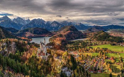 forest, mountains, castello di neuschwanstein, in baviera, germania, bavaria, germany
